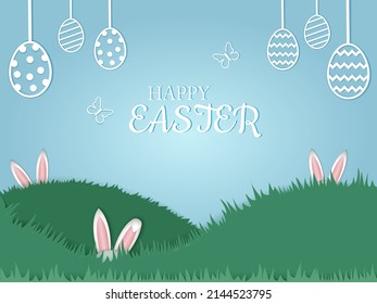 Happy Easter banner. Design with typography, rabbit ears behind grass and easter eggs. Horizontal poster, greeting card. Vector illustration.