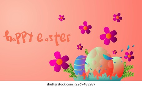 Happy Easter banner. Easter design with typography, eggs, bunny ears, in vibrant pastel colors. Modern minimal style. Horizontal poster, greeting card, header for website