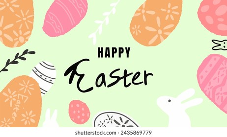 Happy Easter banner. Easter design with typography, eggs, bunny, in pastel colors. Vector Illustration. Horizontal poster, greeting card, header for website.
