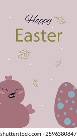 Happy Easter banner. Easter design with typography, with leaves, egg, chick in pastel colors. Modern minimal style