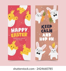 Happy Easter banner design with various chicks. Vertical flyer template concept with funny bunny personages. Easter handwritten cute lettering. Animal character hand drawn flat vector illustration