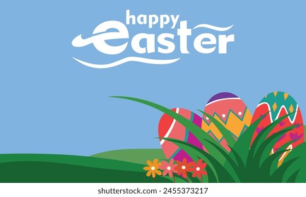 Happy Easter banner display with copy space. Traditional colored easter eggs with different ornaments.