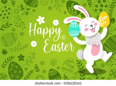 Happy Easter banner with draw hite bunny and spring meadow green background. Vector illustration.