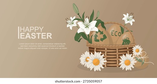 Happy Easter banner. Eco-Friendly Flower Basket Greeting Card. white daisies and lilies in wicker basket featuring eco-friendly design for sustainable spring holiday celebrations. Vector illustration.