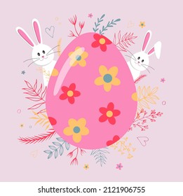 Cartel de Feliz Pascua. Huevo de Pascua y conejillos en un fondo rosado. Ilustración plana vectorial para Pascua. EPS10. Estilo minimalista moderno.