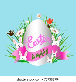 Happy Easter Banner with Easter Egg & Bunnies. Floral Spring Background in Flat Design. Vector Illustration