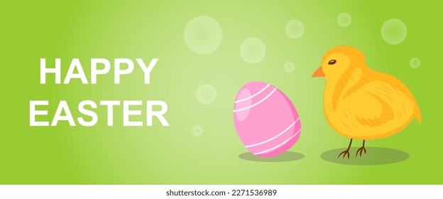 Happy Easter banner with egg and chick on green background