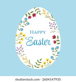 Happy Easter banner. Easter egg with flowers and typography on blue background. Design for greeting cards, posters, decorations, sale advertisement. Easter template. Flat style. Vector illustration.