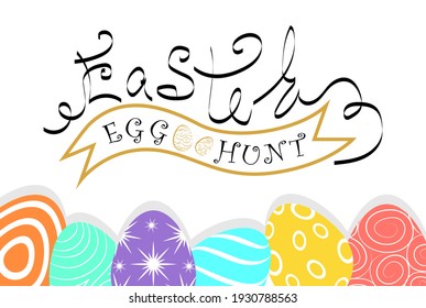 Cartel de Feliz Pascua. Cacería de huevos en Pascua. Letras de Pascua. Huevos vivos y coloridos. Oro y huevos de colores en un fondo blanco. Cinta de oro con la inscripción.