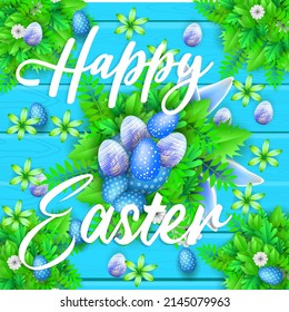 happy easter banner with egg in the leaves and earn rabbit with flower premium vector