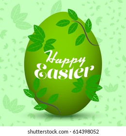 Happy Easter banner with egg and leaves