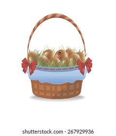 Happy Easter banner with easter eggs in a basket. Vector.