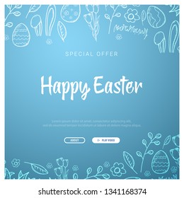 Happy Easter banner. Easter Eggs. Doodle hand draw background. Vector illustration