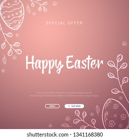Happy Easter banner. Easter Eggs. Doodle hand draw background. Vector illustration