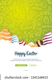 Happy Easter banner. Easter Eggs. Doodle hand draw background. Vector illustration