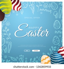 Happy Easter banner. Easter Eggs. Doodle hand draw background. Vector illustration