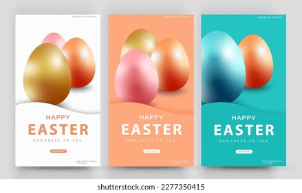 Happy Easter banner. Easter eggs. Editable post template set for banner sale, presentation, invitation, stories, streaming.