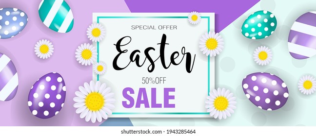 Feliz cartel de Pascua con huevos y flores. Superoferta de Semana Santa, descuentos, promoción. Ilustración del vector