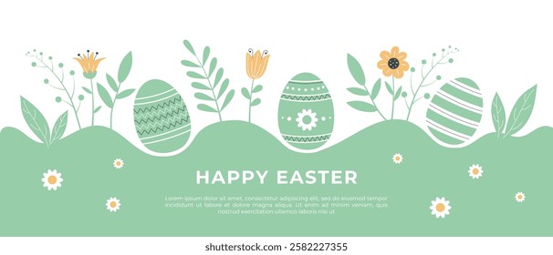 Happy Easter banner with eggs and flowers, greeting card template, background. Vector illustration.