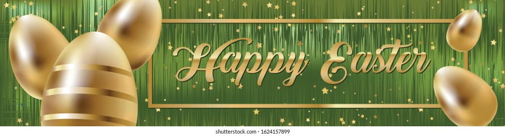 Happy Easter banner. Easter eggs. Golden easter eggs.