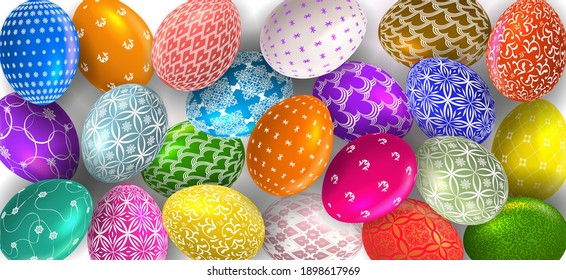 Happy Easter banner with Easter eggs. Greeting card for Easter Day. Top view.