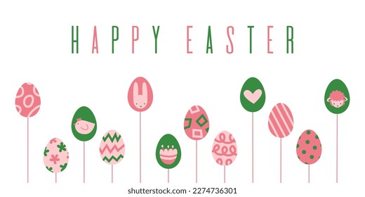 Happy Easter banner with eggs on sticks and holiday symbols in green pink. Abstract modern graphic vector flat illustration.
