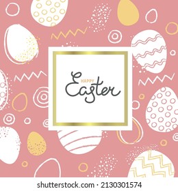 Happy Easter banner. Eggs and patterns on pink background. Easter cards and textiles, wallpapers. Vector image