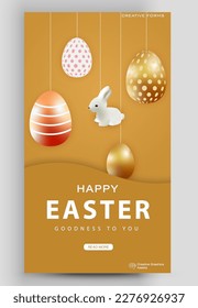 Happy Easter banner. Easter eggs and rabbit. Editable post template for banner sale, presentation, invitation, stories, streaming.