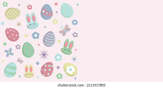 Cartel feliz de Pascua con huevos, conejos, flores. Conjunto de elementos de Pascua para el diseño. Para tarjetas de felicitación, afiches, invitaciones, proyectos digitales. Copiar espacio.