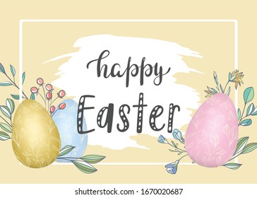 Happy Easter. Banner with eggs and simple plants