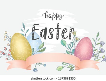 Happy Easter. Banner with eggs and simple plants