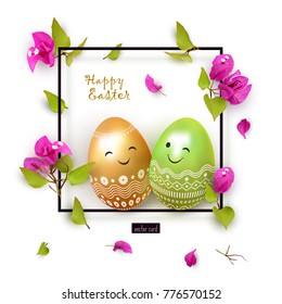 Happy Easter banner, elegant festive design, easter eggs, family, children, boy and girl, group of animated characters, tropical flowers in a frame. Vector illustration