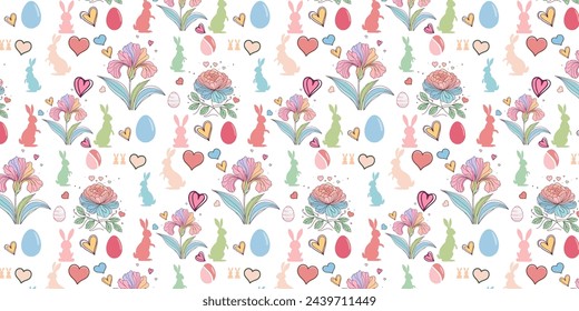 Happy Easter banner featuring trendy hand-painted doodles, dots, eggs, and bunnies in pastel colors. Modern minimalist style suitable for horizontal posters, greeting cards, and website headers
