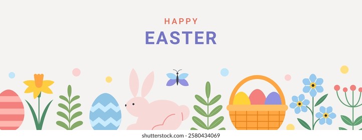 Happy Easter banner in flat geometric style. Spring background with pastel flowers, bunny, eggs and basket. Horizontal pattern or border of blooming plants and rabbit. Modern vector illustration.
