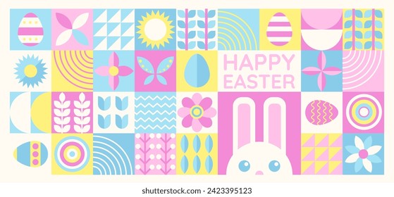 Happy Easter banner with flat graphic elements and symbols of the Holiday, decorated eggs and bunny, plants drawings. Vector illustration with text greeting.