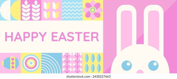 Happy Easter banner with flat graphic elements and symbols of the Holiday, decorated eggs and bunny, plants drawings. Vector illustration with text greeting.