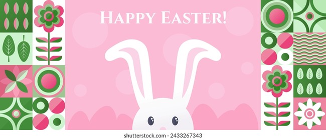 Pancarta de Pascua Feliz con elementos gráficos planos y símbolos de la Fiesta, huevos decorados y conejito, plantas y dibujos. Ilustración vectorial con saludo de texto.