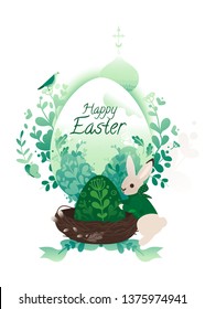 Happy Easter banner in flat style with little bunny and big egg in green color in a bird's nest. Green spring leaf around art the composition