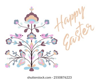 Banner feliz da Páscoa com flores e pássaros na árvore da vida. Árvore viva florescente, pássaro galinha, flores da primavera. Ornamento zoomórfico floral de estilo étnico. Floração de primavera abstrata em ramos. Símbolo de Páscoa