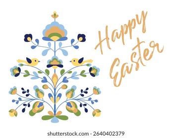 Happy Easter banner with flowers and birds on tree of life. Blooming life tree, small birds, spring blossom. Folk style floral zoomorphic ornament. Abstract spring blossom on branches. Easter plant