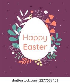 Happy Easter banner with flowers and botanical elements, poster, greeting card. Trendy Easter design with hand drawn typography. Modern minimal style in pastel colors