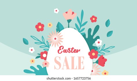 Happy Easter banner with flowers and Easter egg. Easer Sale poster. Floral spring background, vector illustration