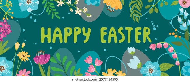 Happy Easter banner with flowers and eggs. Cartoon  background with floral composition and hand written. Vector plant design isolated on blue. Spring season greeting card. Flat color illustration. 