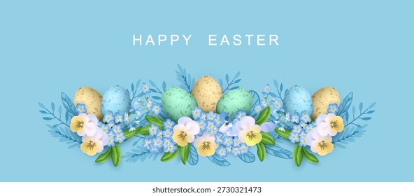 Happy Easter banner with flowers and Easter eggs. Spring Floral Banner