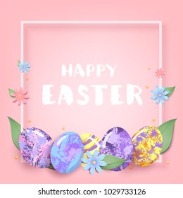 Happy Easter banner with frame, colorful holiday eggs and flowers. Templates for graphic design - poster, flyer, brochure, card. Vector illustration.