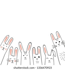 Happy Easter banner frame with funny bunny faces. Rabbits border or greeting card. Vector