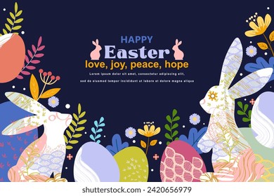 Happy Easter banner with frame made of eggs  bunnies and spring flowers in flat style. vector illustration