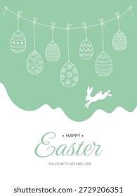 Feliz Anuncio de Pascua con una guirnalda de huevos de Pascua, un conejo y una inscripción de felicitación. Plantilla de la tarjeta de felicitación, fondo. Ilustración vectorial.