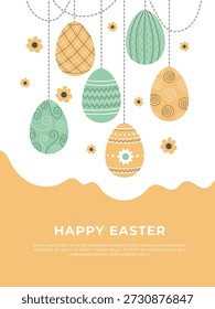 Feliz Anuncio de Pascua con una guirnalda de huevos de Pascua y una inscripción de felicitación. Plantilla de la tarjeta de felicitación, fondo. Ilustración vectorial.