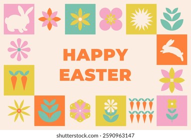 Happy Easter Banner in Geometric style. Bunnies and flowers. Vector template in naive style.